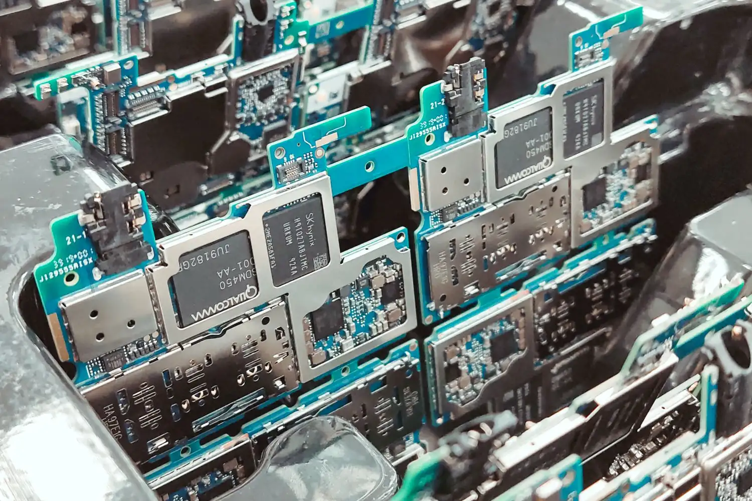 Commercial LED video wall panels and stage lighting fixtures undergoing factory burn-in testing