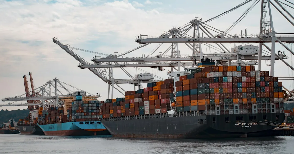 Intermodal shipping containers stacked at a port terminal for overseas freight