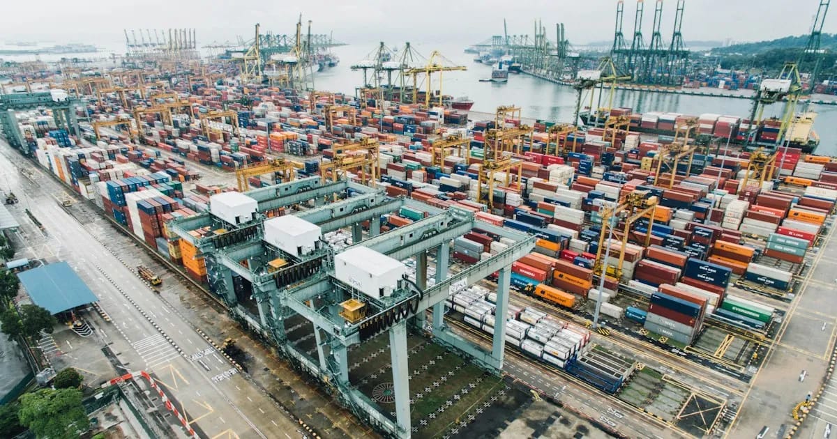 Aerial view of an international shipping container terminal illustrating import supply chain logistics